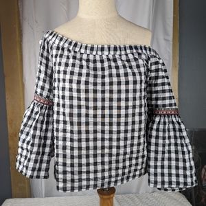 Twinkle Off Shoulder Gingham Crop Top Bell Sleeves Size S Black White Check